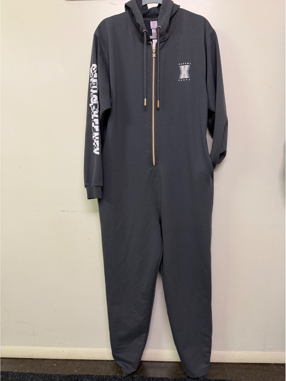 Savage X Fenty Gray Hooded One-Piece Jumpsuit with Zip and Logo Print